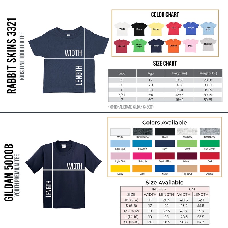 May include: A navy blue toddler t-shirt with the words "Rabbit Skins 3321" and "Kids Fine Toddler Tee" printed on the left side. The t-shirt has a white label with the word "Gildan" printed on it. The t-shirt is shown with measurements for width and length. The image also includes a colour chart and size chart for the t-shirt.