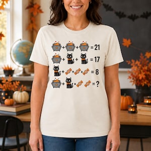Halloween Math Teacher Shirt, Spooky Equation Puzzle Tee, Cute Black Cat Classroom Shirt, STEM Teacher Gift, Fall School Tee