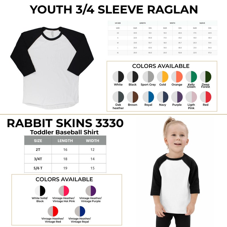 May include: A white toddler baseball shirt with black sleeves. The shirt is available in a variety of colours and sizes. The shirt is made by Rabbit Skins and is labelled as style 3330. The size chart shows the length and width of the shirt in inches.