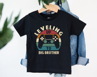 Koszulka Leveled up to Big Brother, Koszulka Leveled up to Big Sister, Koszulka z ogłoszeniem ciąży, Koszulka Big Brother, Spersonalizowana koszulka z bratem