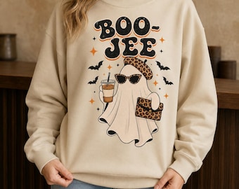 Boo-Jee Ghost Shirt, Leopard Halloween Tee, Coffee Ghost Sweatshirt, Girly Spooky Season Hoodie, Funny Fall Gift for Her