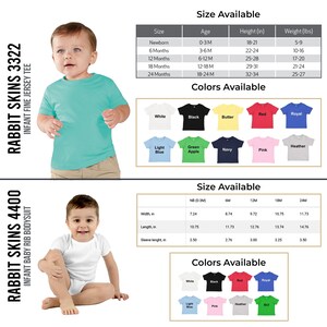 May include: Two images of baby clothing. The first image shows a baby wearing a turquoise blue short-sleeved t-shirt. The second image shows a baby wearing a white short-sleeved t-shirt. Both images show size charts and colour options for the clothing.