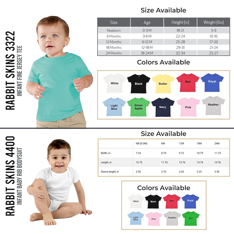 May include: Two images of baby clothing. The first image shows a baby wearing a turquoise blue short-sleeved t-shirt. The second image shows a baby wearing a white short-sleeved t-shirt. Both images show size charts and colour options for the clothing.