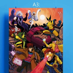 Illustration of the X-Men (97 Cartoon) Cyclops is shooting a laser and the rest are posing with their superpowers in front of a sentinel.