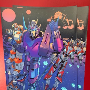 May include: A group of robots in a space scene. The main robot is purple and blue with a white face. The other robots are red and white. The background is a dark blue with white flowers.