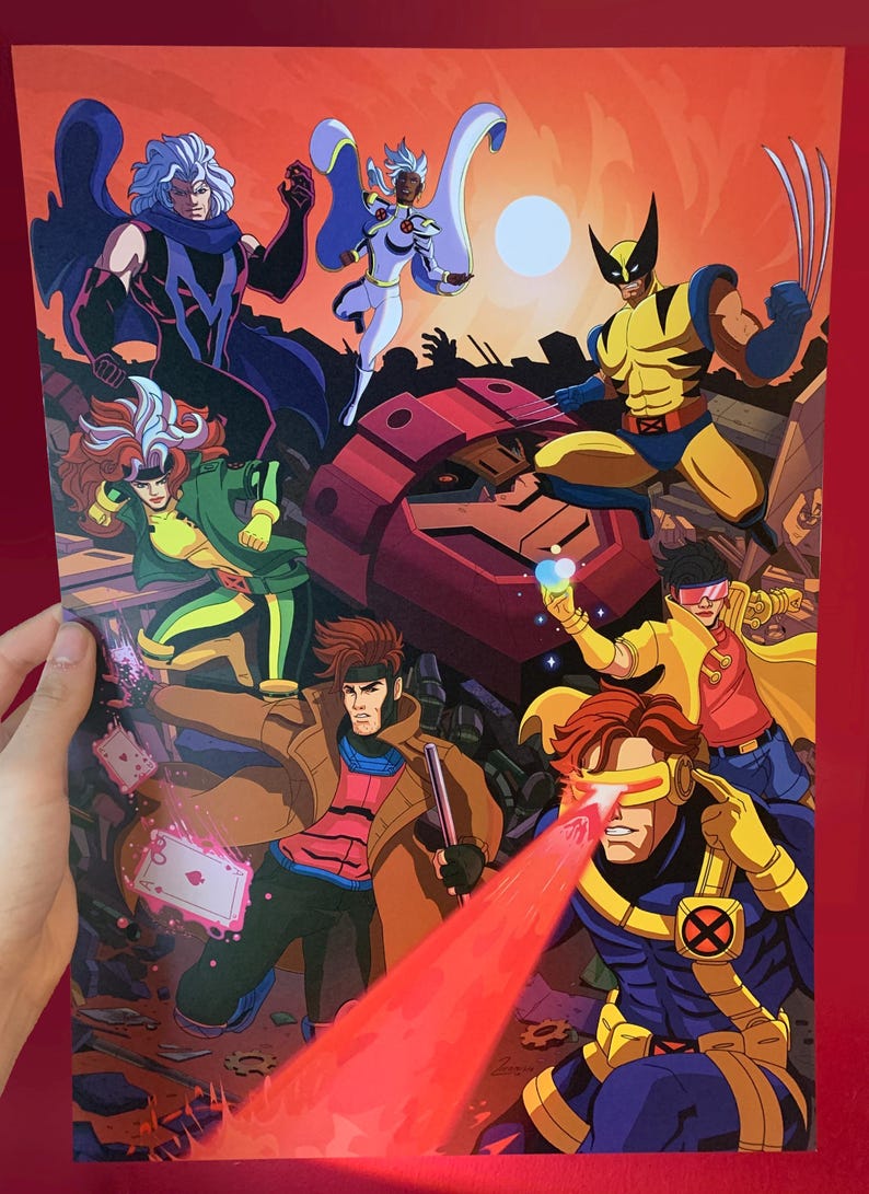 以下が含まれることがあります： ウルヴァリン、ストーム、サイクロップス、ローグ、ギャンビット、ビーストなど、X-メンのキャラクターを描いたカラフルなイラスト。キャラクターは、ウルヴァリンが爪を振りかざし、サイクロップスがオプティックブラストを発射するなど、ダイナミックなポーズで描かれている。背景には、赤と灰色のロボットが描かれている。