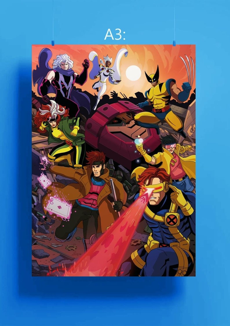 Illustration of the X-Men (97 Cartoon) Cyclops is shooting a laser and the rest are posing with their superpowers in front of a sentinel.