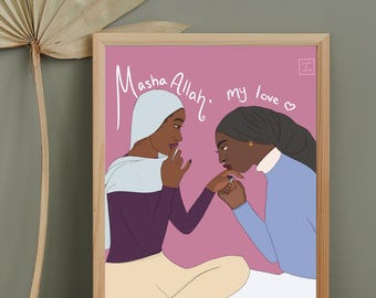Sapphic Romance "MashaAllah My Love" 13x19 Luster Art Print | LGBTQ+ | WLW | Queer Muslim Art