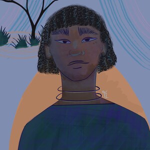 May include: A digital illustration of a person with dark skin, short curly black hair, and a blue shirt. The person has a nose ring and is wearing a choker necklace. The background is a light blue with abstract lines.
