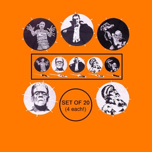May include: Set of 20 black and white Halloween monster themed paper party circles. The set includes four each of Frankenstein, Dracula, the Mummy, and the Creature from the Black Lagoon. The text "SET OF 20 (4 each!)" is printed in black on a white background.