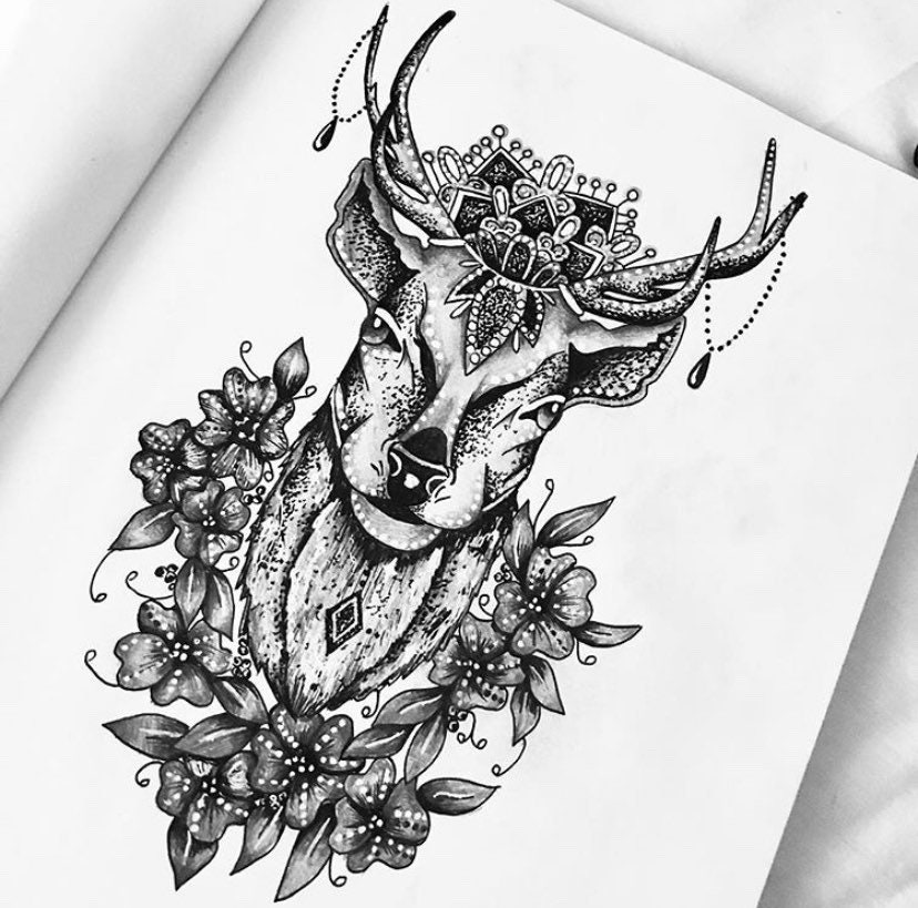 A4 Mandala Deer stag tattoo print tattoo art tattoo design | Etsy