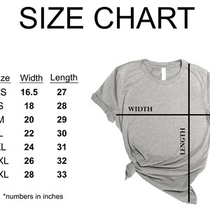 May include: Size chart for a t-shirt with measurements in inches for width and length. Sizes include XS, S, M, L, XL, 2XL, and 3XL.