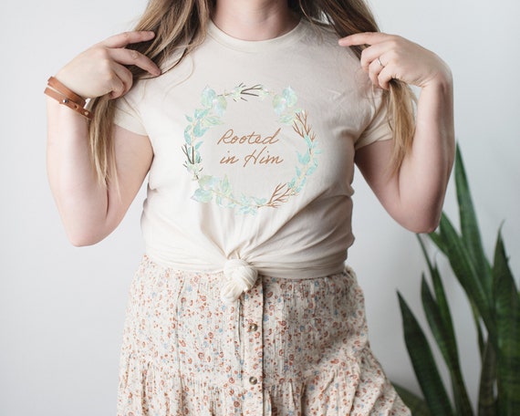 Rooted in Him, Christian T Shirt for Women, Colossians 2:6, Cute Wildflower Tshirt for Her, Faith Based T-Shirt for Mom, spring Tee for Her