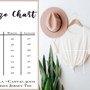 May include: Size chart for a unisex jersey tee shirt. The chart shows the width and length measurements in inches for sizes XS to 3XL.