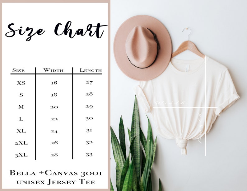 May include: Size chart for a unisex jersey tee shirt. The chart shows the width and length measurements in inches for sizes XS to 3XL.