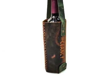 leather wine tote bag / Personalized wine holder / Wine Carrier / Monogrammed Wine Sleeve / Leather wine bottle carrier / Gourmet Wine Gift