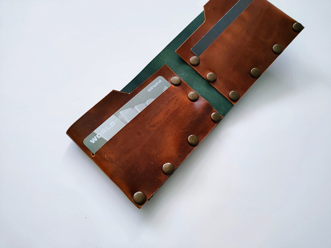 Personalized Leather Minimalist Wallet Brown Green Unisex Etsy