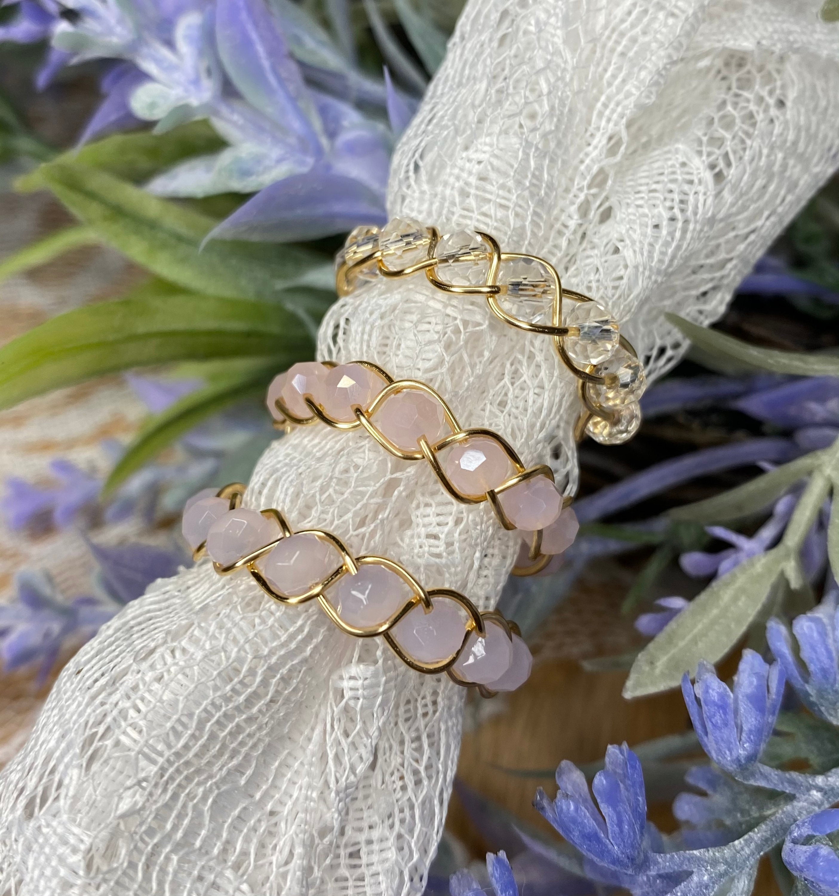 Beaded wire rings. Braided. Silver, brown, gold, and rose gold.