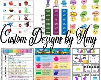 Pode incluir: Cartas educativas coloridas para ensinar crianças sobre vogais, conjugação verbal, formas geométricas, valor posicional e interjeições. As cartas apresentam cores brilhantes, ilustrações e texto claro.