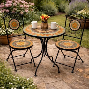 Conjunto de bistró Mosaic para 2 personas, mesa y sillas de patio con azulejos azules, muebles de metal para exteriores.