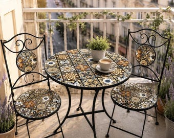 Bistro Table and Chairs | Moroccan Mosaic Patio Set, 3 Piece Outdoor Garden Balcony Furniture
