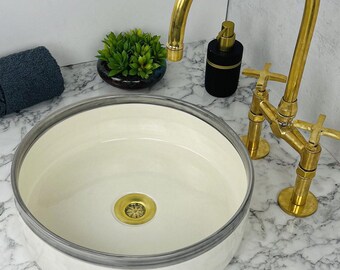 Handmade Moroccan Vessel Sink: Cream & Green Ceramic Lavabo