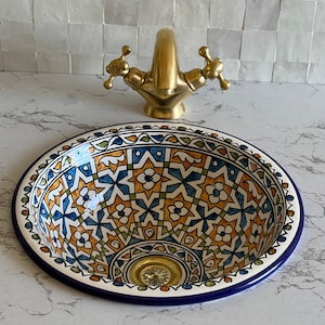Umywalka ceramiczna z połowy XX wieku - ręcznie robiona umywalka łazienkowa z motywem kwiatowym - umywalka łazienkowa Artisan