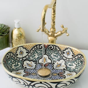 Handmade Ceramic Sink – Moroccan Ceramic Vessel Sink, Oval Undermount Bathroom Sink, Soap Dish, and Decorative Ceramic Fro