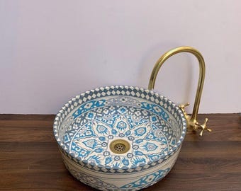 Handmade Moroccan Vessel Sink: Sky Blue Ceramic Bathroom Basin