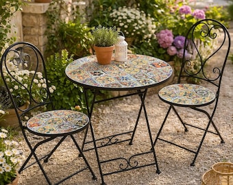 モザイク模様のビストロセット（2人用）、セラミックタイルのパティオテーブルと椅子、ガーデンバルコニー家具