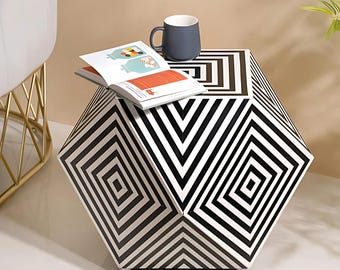 Handcrafted Bone Inlay Side Table: Geometric Accent Table