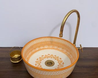 Hand-Painted Moroccan Vessel Sink: Orange Ceramic Lavabo