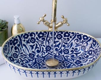 Handmade Moroccan Vessel Sink: Blue Porcelain Ceramic Basin