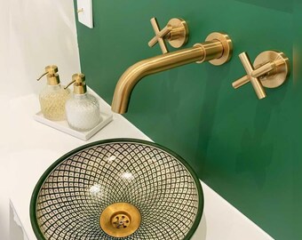 Handmade Moroccan Ceramic Vessel Sink: Green Oak & Porcelain