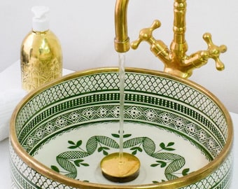Handmade Moroccan Ceramic Vessel Sink: Green & Brass Bathroom Lavabo