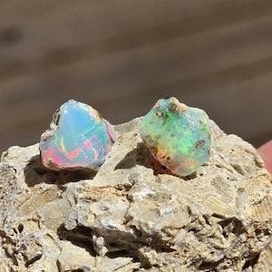 May include: Two raw, unpolished opal gemstones with irregular shapes and rough, textured edges. The left opal displays vibrant flashes of blue, pink, and orange, while the right opal exhibits prominent green and yellow iridescent colour play.