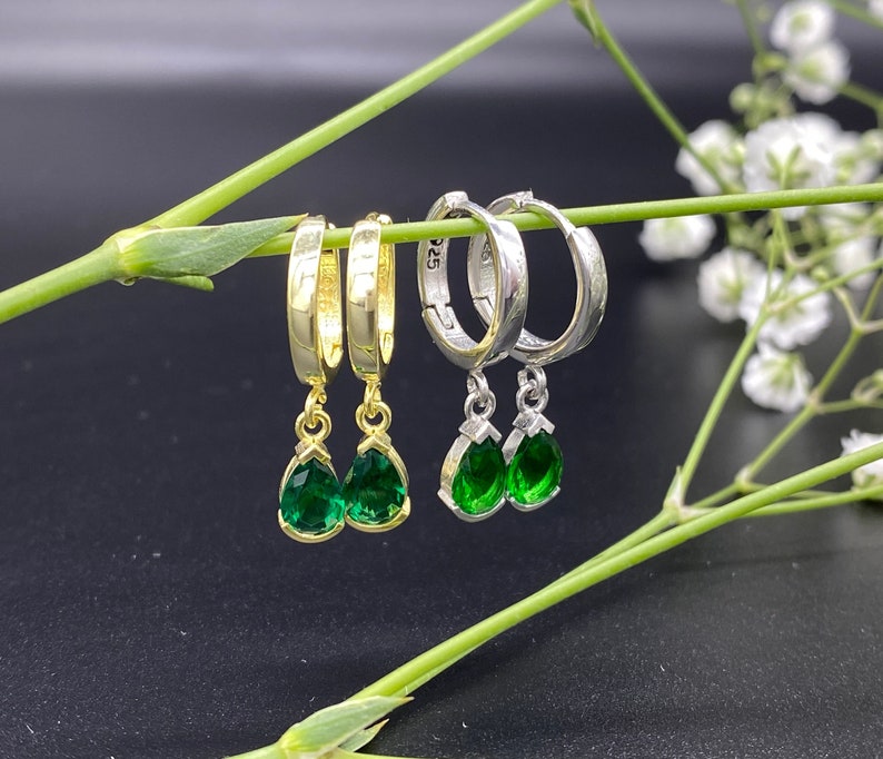 Personalized May Emerald Birthstone Earrings, 925 Silver Earrings, Huggie Hoop Earrings, Mother's Day Gift, Gold Silver Gem, Drop Earrings 