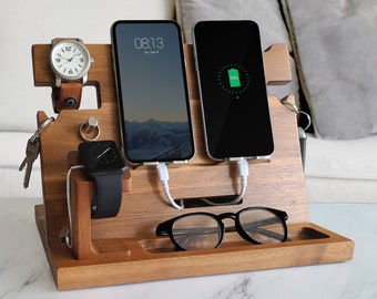 Gifts for Men, Wood Docking Station for Men w/ RFID Blocking Wallet - Father's Day Gift, Gift for Husband, Gift for Dad, Gift for Him.