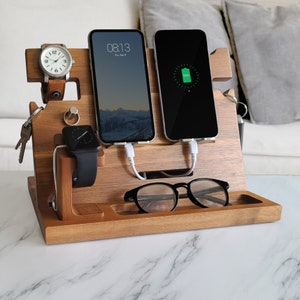 Gifts for Men, Wood Docking Station for Men w/ RFID Blocking Wallet - Father's Day Gift, Gift for Husband, Gift for Dad, Gift for Him.