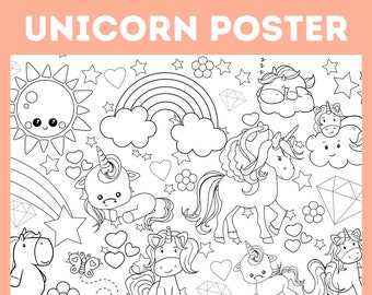 Adorable affiche de coloriage numérique Licorne pour les enfants, affiche de coloriage imprimable, fête d'anniversaire pour enfants en téléchargement numérique, x-large 32x24,