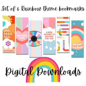 Set of  6 Printable Bookmarks, Bright Rainbow Themed Bookmarks, Rainbow, bookmarks, Digital Bookmark Template, Instant Download