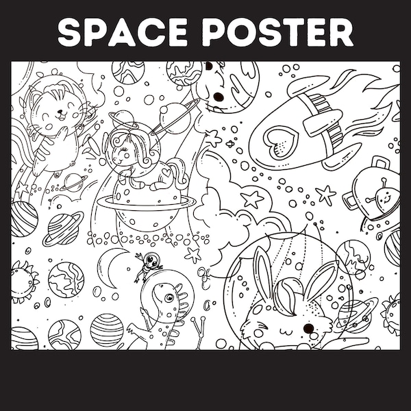 Affiche de coloriage numérique de l'espace pour les enfants, affiche de coloriage de l'espace imprimable, téléchargement numérique, grand 32x24, activité de coloriage pour les enfants