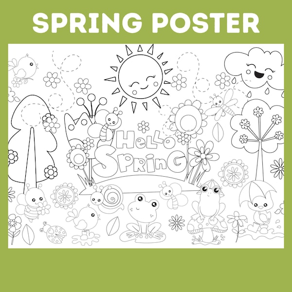 Spring digital coloring poster for kids, Printable Spring themed coloring poster, Digital Download, Size 36 x 24, Spring coloring activity