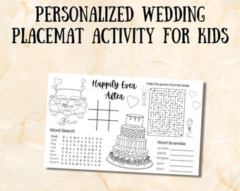 Wedding activity coloring placemat for kids, wedding reception favor, wedding coloring pages for kids, kids wedding activities, kids games