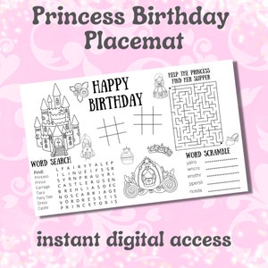 Princess themed birthday  placemat for kids, kids activity birthday mat, kids coloring and activity printable, Princess coloring & activity