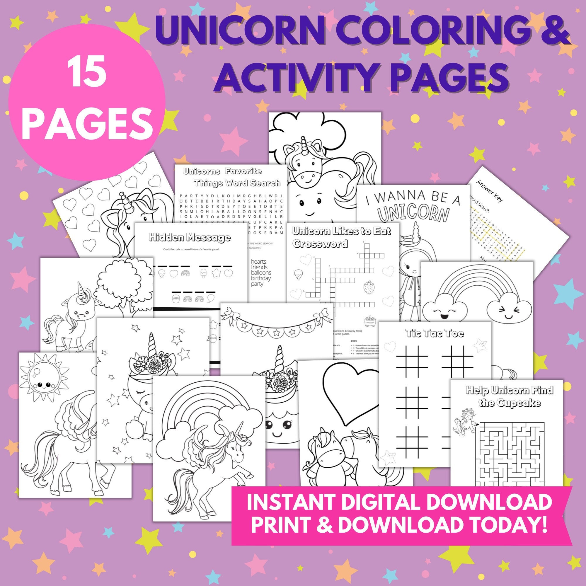 unicorn coloring activity pages for kids and teens 15 etsy