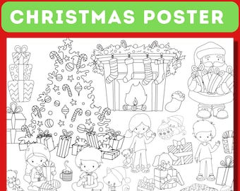 Christmas themed digital coloring poster for kids, Printable Christmas coloring poster, Digital Download, Fun Christmas coloring activity