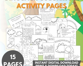 May include: A set of 15 printable dinosaur colouring and activity pages. The pages feature a variety of activities, including a word search, connect the dots, a maze, and a crossword puzzle. The pages are black and white and feature illustrations of dinosaurs.