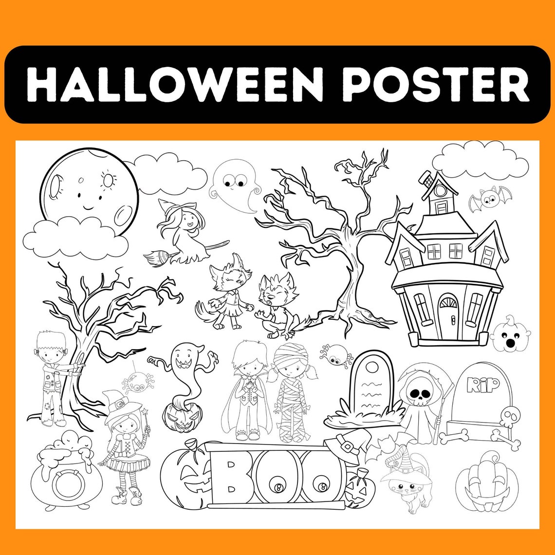 Halloween Themed Digital Coloring Poster for Kids, Printable Halloween ...
