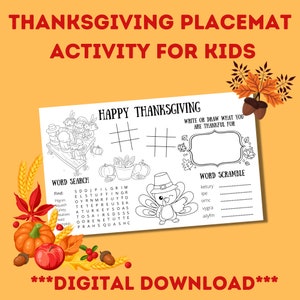 Thanksgiving activity placemat for kids digital download, Thanksgiving coloring and activities for kids, Thanksgiving coloring page for kids